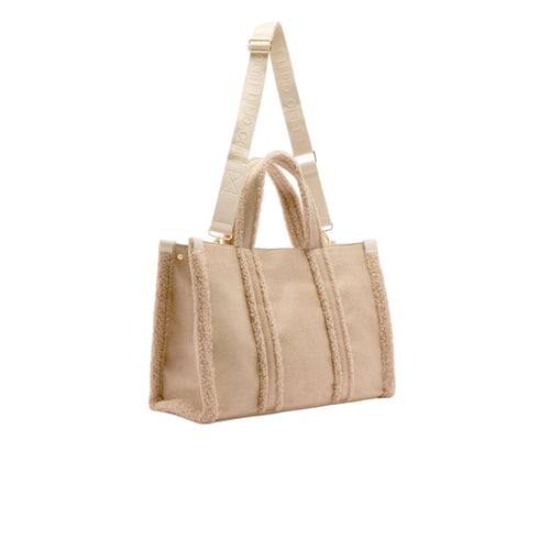 Borsa Donna in tessuto spalmato, modello shopper, con inserti effetto montone